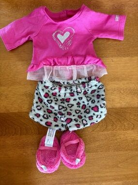 American Girl Pink Top with Heart, Leopard Print Skirt & Pink Slippers